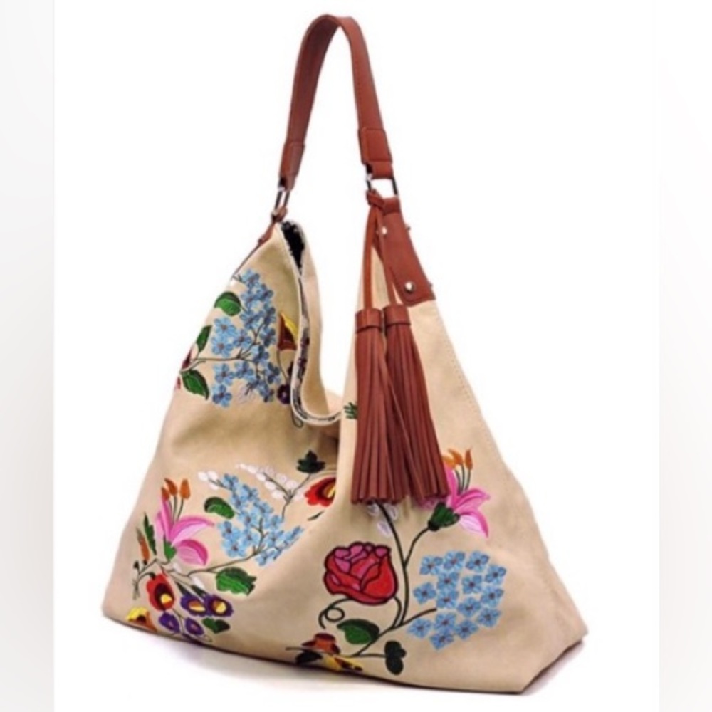 FLORAL EMBROIDERED HOBO BAG REVERSIBLE Fabric Tan Large Shoulder Bag Tassel BOHO